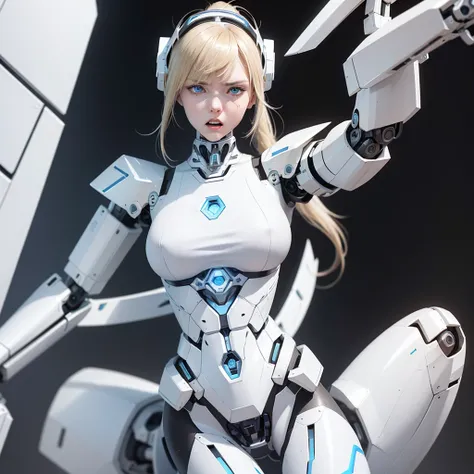 a girl with a full white cyborg body, featuring sleek and high-tech components. She has beautiful blonde ponytail and bangs, blue eyes, and an angry expression. with her polished mechanical limbs and torso emphasizing her intense emotions. ((white robot me...