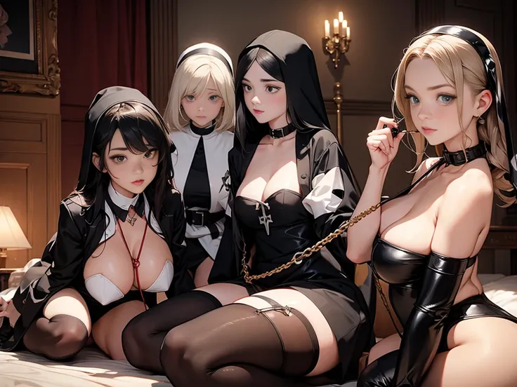 Dynamic Snapshot, ((3 women)), A picture of 2 beautiful succubus demon girls and 1 sexual a nun on a leash, dildo sex, ((2 demon girls and a a nun)), a nun, demons, beautiful demon girls, dark, sexual, a nun on a leash, (golden leash), collar, bdsm, Beauti...