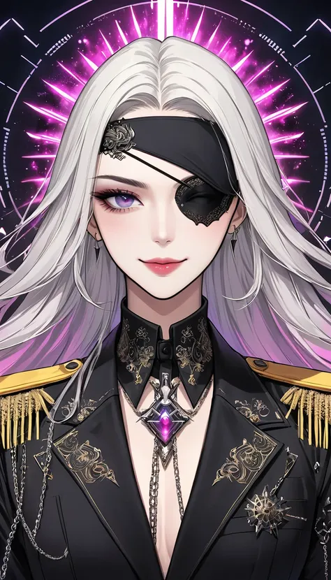 (Digital Illustration，Detailed anime style，Heavy Metal Cyberpunk，Girl wearing a lace eyepatch，Queen aura，Solitary，symmetry)，(Fashionable and exquisite facial features，Exquisite makeup，Smooth skin，Smile，)，(Long hair)，(Black suit，Epaulettes-Chain，cool，)，(((C...