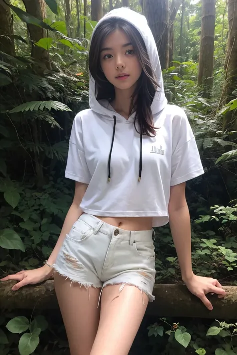 (best quality,realistic,ultra-detailed),a sexy and slim 18-year-old French brunette woman in white short sleeve hoodie, visible leg,in the forest,short en jean