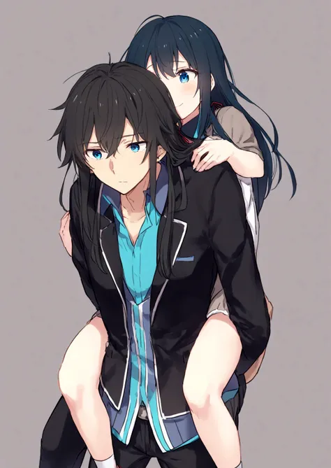 1 grils man giving  yukino yukinoshita  piggyback ride, yukinoshita yukino in the bottom blue eyes black long hair piggyback rid...