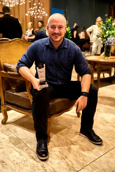 sharp man sitting on a chair holding a trophy in a room, !!premiado!!, annual prize winner, Adam Varga, 2019, 2 0 1 9, foto premiada, premiado - vencedor, premiado, artem, Nikolai, prize winner de design, Foto premiada vencedora, prize winner, egor letov