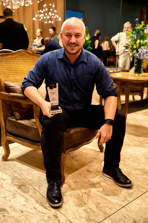 sharp man sitting on a chair holding a trophy in a room, !!premiado!!, annual prize winner, Adam Varga, 2019, 2 0 1 9, foto premiada, premiado - vencedor, premiado, artem, Nikolai, prize winner de design, Foto premiada vencedora, prize winner, egor letov