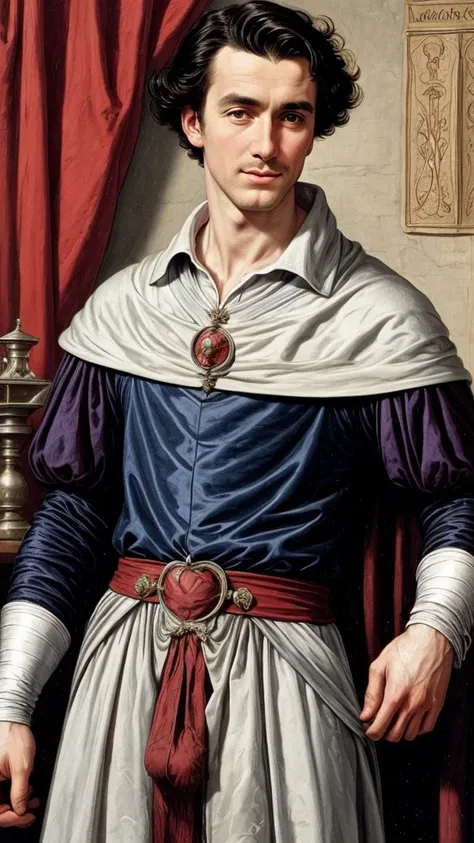 a sexy man, 15th centuries scientist, handsome face, mediaeval period,black hair