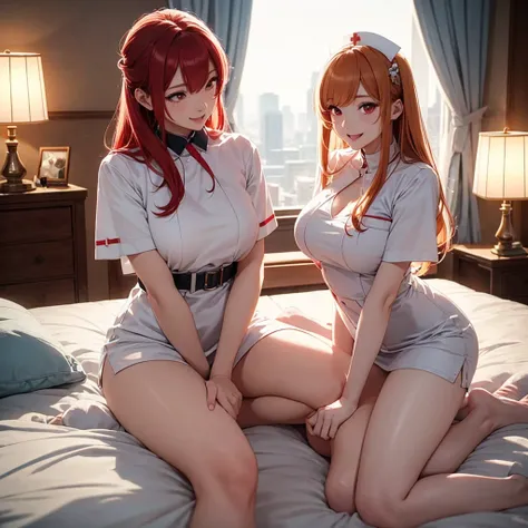 Two beautiful young women, Anime Style, Detailed face, Redhead, Red eyes, Delicate features, Soft lighting, Wear a nurse costume, Laugh and have fun, Playful expressions, comfortable、Well decorated bedroom, Person sitting on bed, Another was standing nearb...