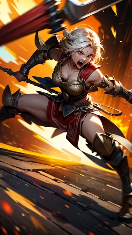 female warrior, screaming, attacking the camera