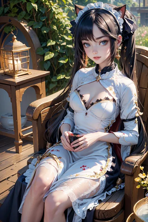 Mona_(genshin impact), cat ears, animal ears, cat tail, ornament hair, perfectly body, perfectly hands, wave hair, black hair, long hair, twintails, maid, maid dress, maid headdress, maid apron, white apron, seat on a sofa, garden, garden scenery, red rose...