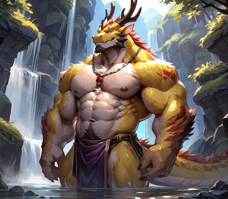 absurdres, ((best quality)), ((masterpiece)), (ultra detailed),perfect face,antro oriental dragon:2.5, male , (((chinese dragon))):2.5, (((eastern dragon))):2.5,((yellow body)), (strong beefy muscular body), (abs, strongmuscles, 8 pack), furry, handsome,Be...