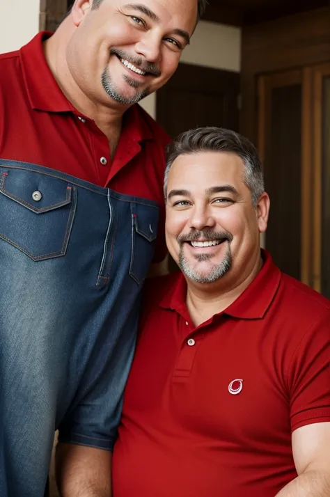 Fat man, 50 years old, brunette test, small eye, happy smile, goatee, red polo shirt and jeans.
