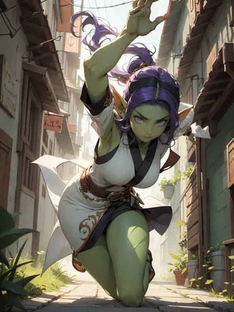 ((best quality)), ((masterpiece)), (detailed), goblin girl, (green skin), purple hair, sword dancer, wearing flowing white robes...