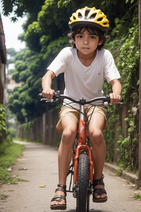 Menino magro de cabelo liso e cor marrom andando de bike pela cidade nos anos 70