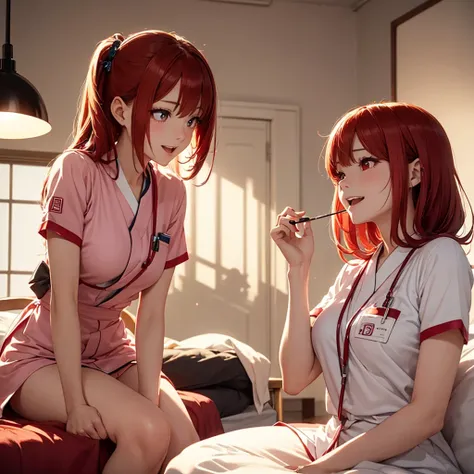 Two beautiful young women, Anime Style, Detailed face, Redhead, Red eyes, Delicate features, Soft lighting, Wear a nurse costume, Laugh and have fun, Playful expressions, comfortable、Well decorated bedroom, Person sitting on bed, Another was standing nearb...