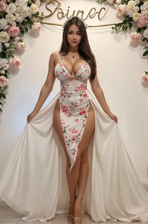 1girl in, 30 years old, Square face, straight look, Long hair, body facing the screen, lots of jewelry, white skin, sexy fit breasts, big butt, long floral dress outfit, party background, standing Create many sexy designs