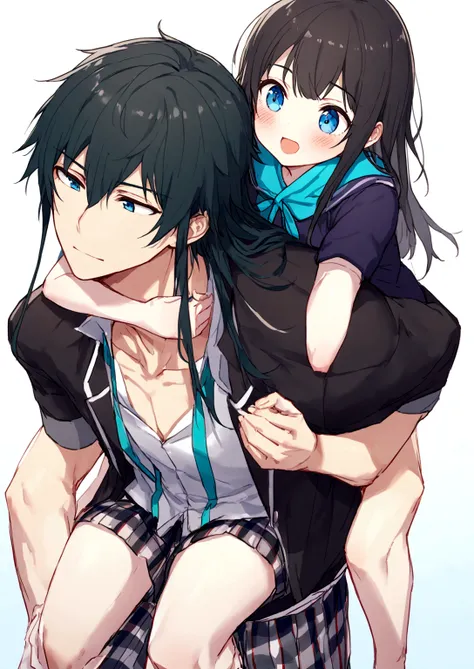 1 gril man giving  yukino yukinoshita  piggyback ride,  blue eyes black long hair piggyback ride, size difference,  man yukino y...