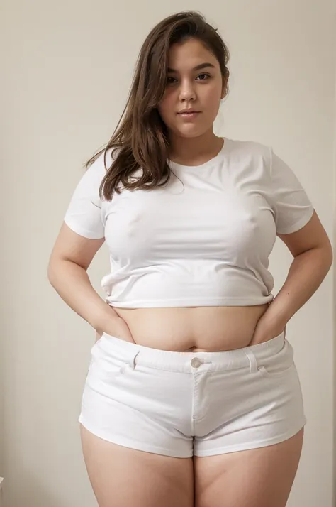 14 year old tall chubby girl in white T-shirt and red shorts