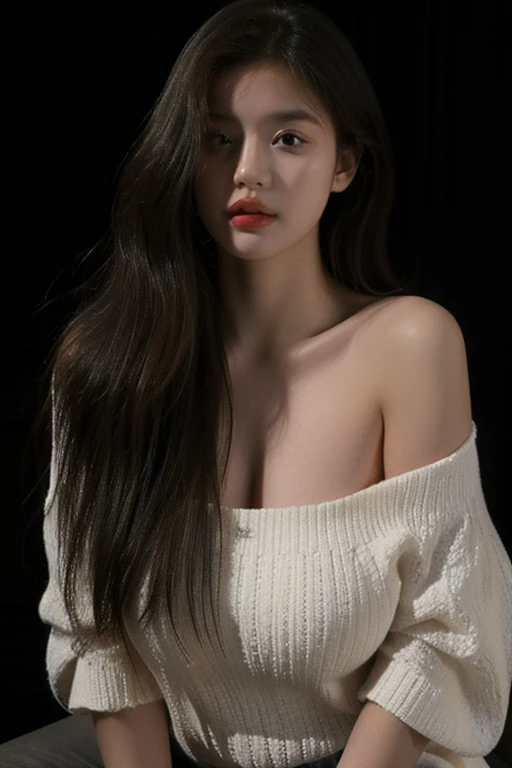 Best quality, masterpiece, ultra high res, (photorealistic:1.5), raw photo, 1girl, offshoulder, in the dark, deep shadow, low key, cold light, sexy look, long hair, natural breasts