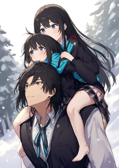 1 gril man giving  yukino yukinoshita  piggyback ride, snow under the snow snow no carrying a man blue eyes black long hair pigg...