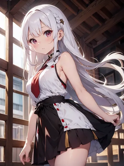 Miko dress, large breats, pale skin, white hair, long hair