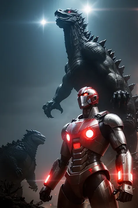 Giant metallic robot with red bottles releasing light gesture from its chest against Godzilla