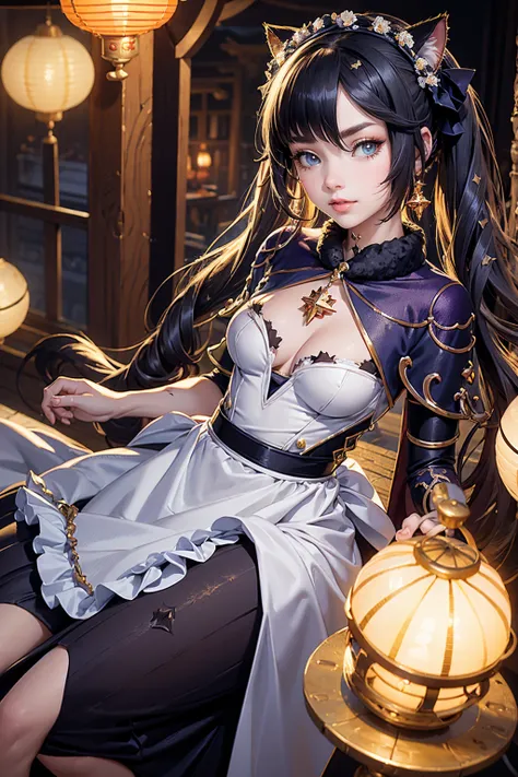 Mona_(genshin impact), cat ears, animal ears, cat tail, ornament hair, perfectly body, perfectly hands, wave hair, black hair, long hair, twintails, maid, maid dress, maid headdress, maid apron, white apron, holding a lantern, Chinese lantern, shrine scene...