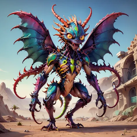 a small bizarre and strange looking part mechanical brightly coloured alien. Showing the entire, highly detailed body from the side. The entire picture is full of details.  Strange alien landscapes in the background. Big detailed wings and sharp teeth and ...