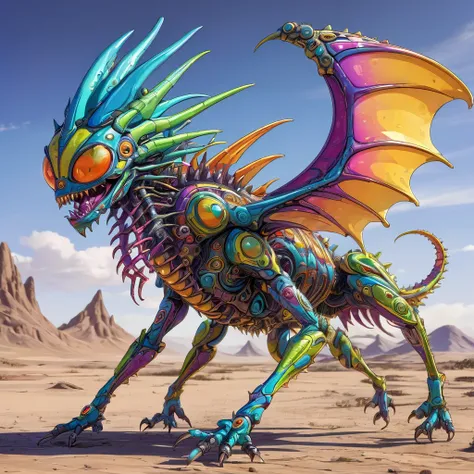 a small bizarre and strange looking part mechanical brightly coloured alien. Showing the entire, highly detailed body from the side. The entire picture is full of details.  Strange alien landscapes in the background. Big detailed wings and sharp teeth and ...