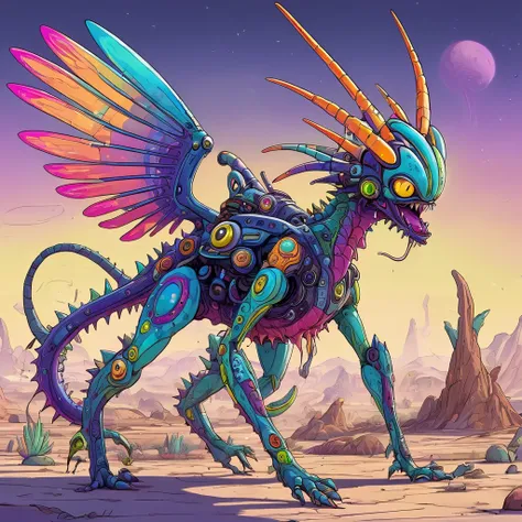 a small bizarre and strange looking part mechanical brightly coloured alien. Showing the entire, highly detailed body from the side. The entire picture is full of details.  Strange alien landscapes in the background. Big detailed wings and sharp teeth and ...