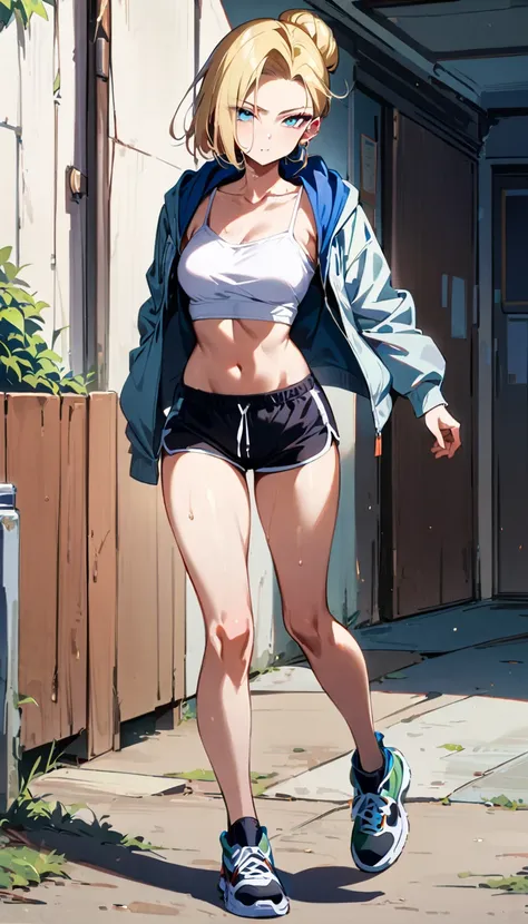 (masterpiece, best quality:1.2), full body, solo, Android 18 from Dragon Ball, ((white slip-on crop top)), ((black dolphin shorts)), (light gray hooded crop jacket), thighs, midriff, small breasts, sweat, blonde hair, (single hair bun), ((blue eyes)), earr...