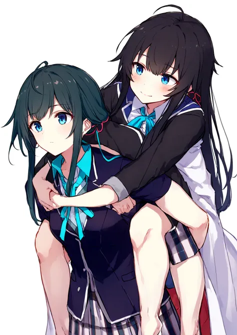 yukino yukinoshita giving   piggyback ride,  blue eyes black long hair piggyback ride, size difference,   yukino yukinoshita