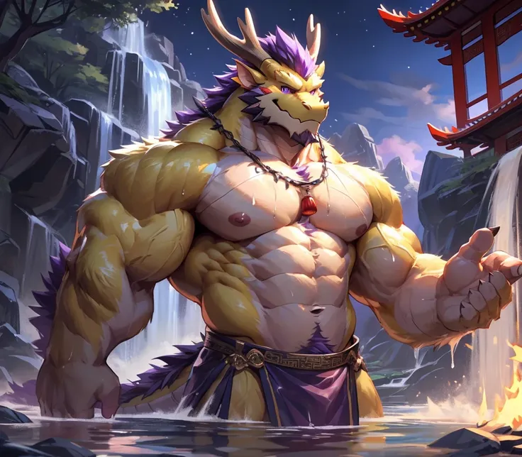 absurdres, ((best quality)), ((masterpiece)), (ultra detailed),perfect face,antro oriental dragon:2.5, male , (((chinese dragon))):2.5, (((eastern dragon))):2.5,((yellow body)), (strong beefy muscular body), (abs, strongmuscles, 8 pack), furry, handsome,Be...