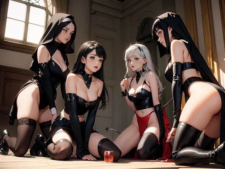 Dynamic Snapshot, ((3 women)), A picture of 2 beautiful succubus demon girls and 1 sexual a nun on a leash, dildo sex, ((2 demon girls and a a nun)), a nun, demons, beautiful demon girls, dark, sexual, a nun on a leash, (golden leash), collar, bdsm, Beauti...