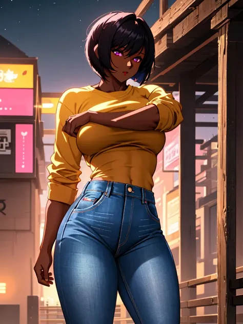 masterpiece, best quality, solo focus, extremely detailed 8k CG unity wallpaper, 1girl with short bob cut hair, glowing eyes, tight jeans, (dark skin:1.5, tomboy), toned, big ass, contrapposto, nighttime, pink eyes, outdoors, landscape