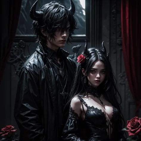  A devil has a dark, fascinating and mysterious girl at his side, the girl has a black rose, in the background a sinister and mysterious environment