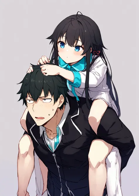 yukino yukinoshita giving  hachiman   piggyback ride,  blue eyes black long hair piggyback ride, size difference,   yukino yukin...