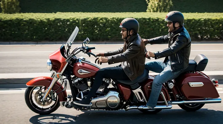 Two middle-aged men riding Harley Davidsons