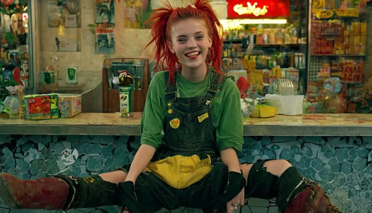 Young girl sitting on top of a shopping counter.  Character: young girl of twelve years old, smiling, smoking, crazy, pale.   Clothing: dark boots, torn socks, old yellow overalls.   Appearance: red hairstyle with green and yellow highlights, sad light eye...