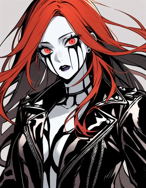 a female character, long hair with trimmed bangs, vermillion hair. The background is greyish white. The characters face is confident, with pale skin and corpse paint. She wears a dark-colored leather jacket with studs. 