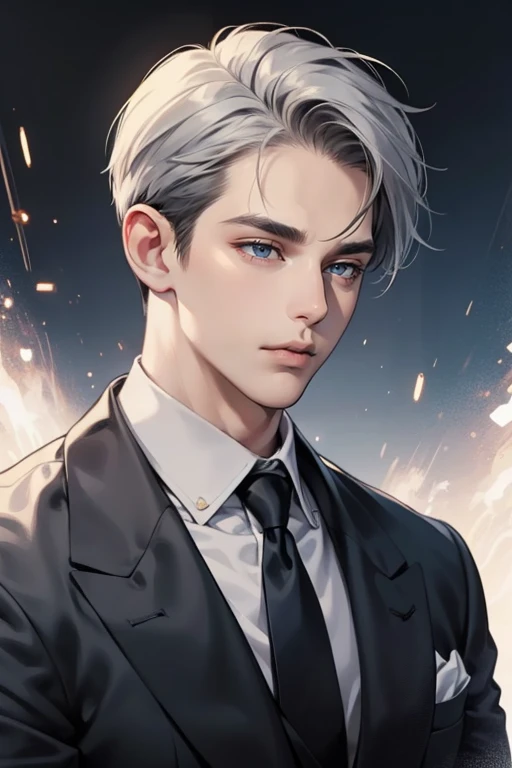 masterpiece, best quality, realistic, 1man, mature male, quiet and charming young man, 37 years old, close his eyes, serious, closed mouth, extremely detailed face, cold, ((dark grey blue eyes)), ((short-right-swept dark white)), [thick eyebrows], (mafia),...