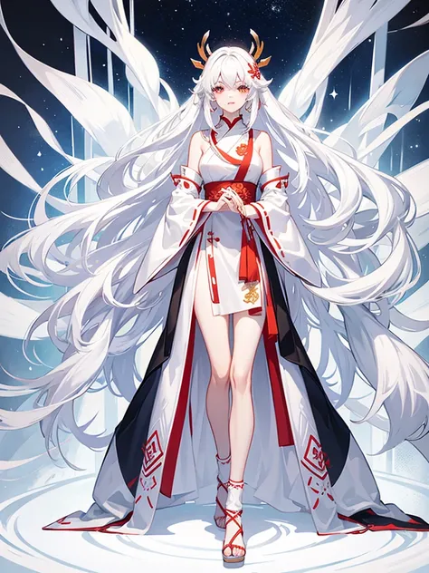 Miko long dress, large breats, pale skin, white hair, long hair, full body, concept art