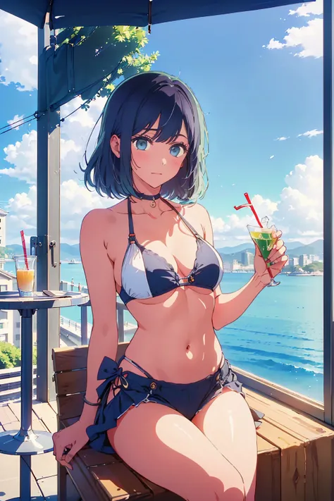 Highest quality,8k,detailed,F cup bust、Big Breasts、Slim and beautiful arms、Slim body、Very white beautiful skin、((((1 person、smile、She is wearing a white side-string high-leg bikini、smile、Sit on a chair、In the background are the urban buildings of Tokyo、Out...