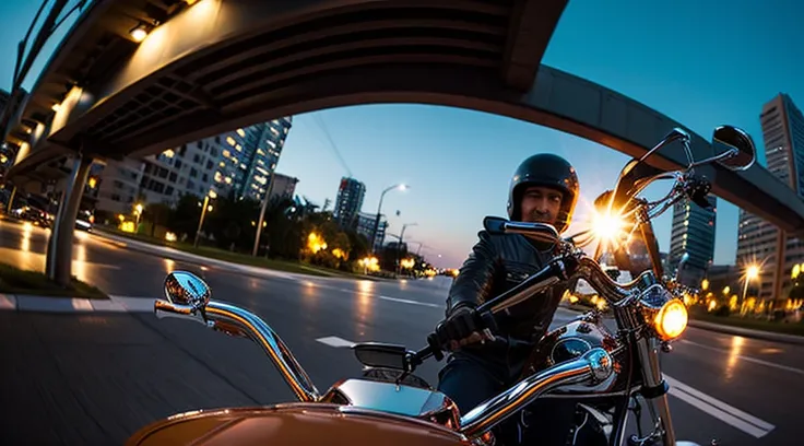 evening、A middle-aged man driving a Harley Davidson、A low-angle view of a middle-aged man riding in the back