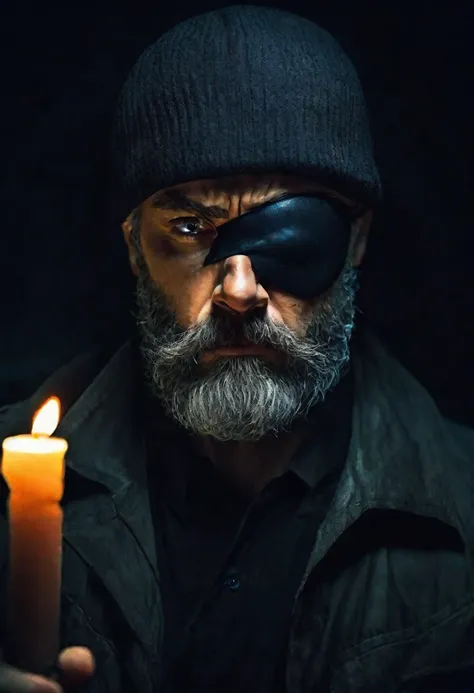 general plane. ((an anxious man black eye patch, one eye only:1.5), rough face with beard, hat, holding a candle, in a dark room...