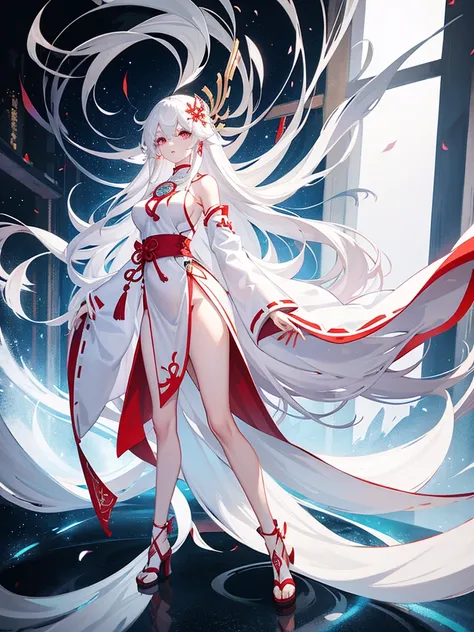 Miko long dress, large breats, pale skin, white hair, long hair, full body, concept art