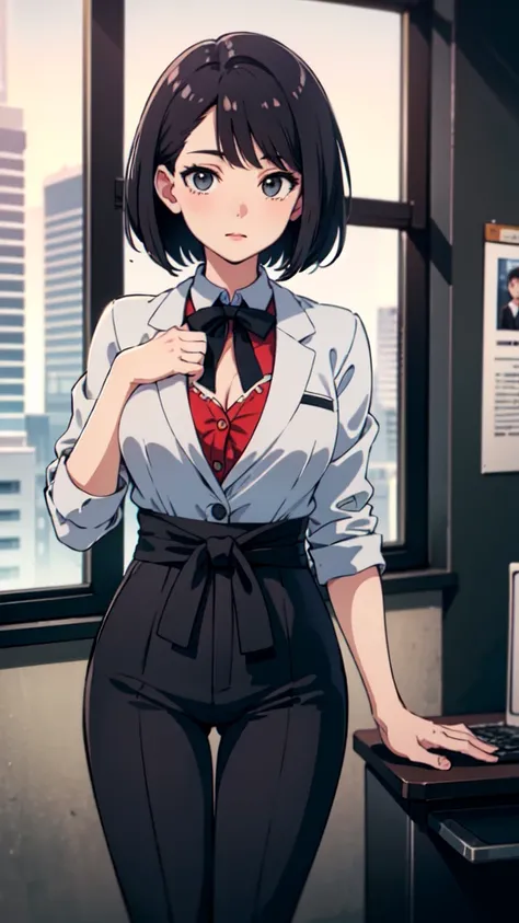 (Highest quality, 8k, 32K, masterpiece, Ultra-high resolution:1.2), One girl, Beautiful Japanese Women, Tight waist, grey suit, Open jacket, office lady, suit, pants, from, Office Room, machine,  (Push out your chest:1.2), Detailed face, short hair, View y...