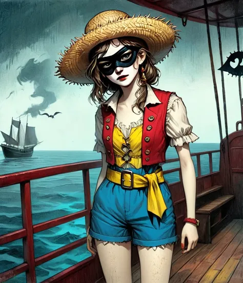 (whole body:1.3), 1 female captain, Wearing a straw hat, Black eye mask, Rich expression, gloomy, Gothic horror, illustration, Red vest, Blue shorts, Yellow belt, Black sandals, Strange, exaggerated, Caribbean Sea in the background，Boat deck，Dark theme ele...