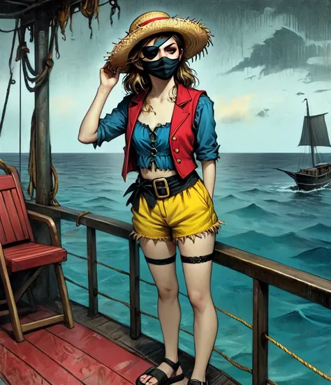 (whole body:1.3), 1 female captain, Wearing a straw hat, Black eye mask, Rich expression, gloomy, Gothic horror, illustration, Red vest, Blue shorts, Yellow belt, Black sandals, Strange, exaggerated, Caribbean Sea in the background，Boat deck，Dark theme ele...