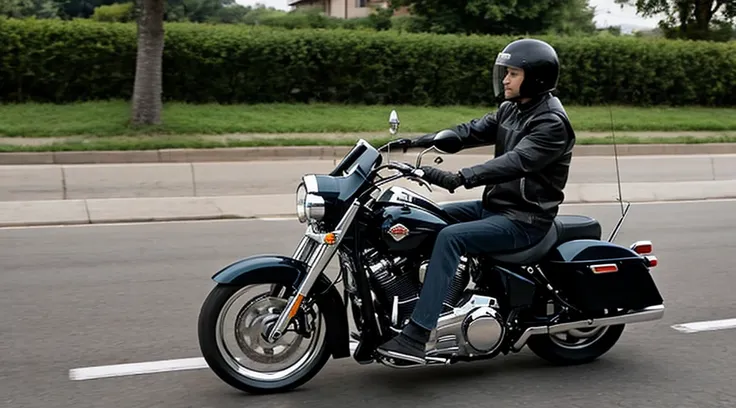 evening、Low angle shot of a middle-aged man riding a Harley Davidson with his partner、Side view。Bad old man style