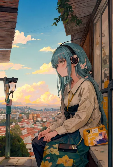 portar、512、lo-fi、Garota em fones de ouvido, sentada em uma cadeira、Cochilando em sua mesa、olhos fechados、Vista da cidade pela janela、evening、Cores pastel、pintura