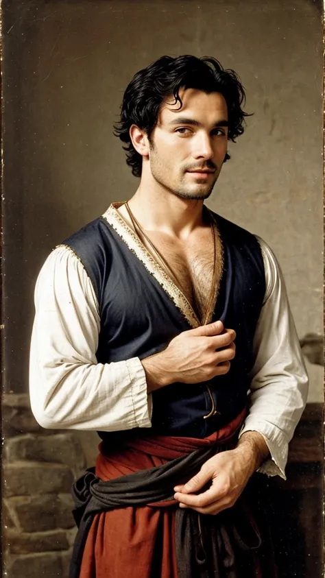 A sexy man, 15th centuries ,wearing old and worn-out peasant clothes, handsome face, mediaeval period,black hair , homoerotic,   , looking at camera, seductively