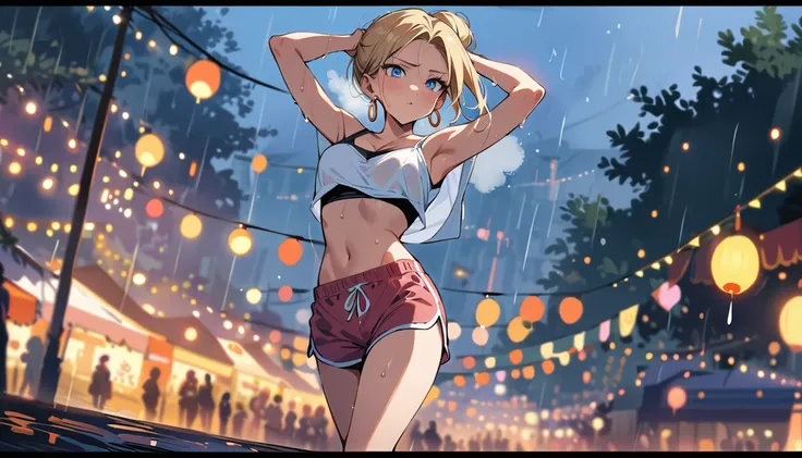 (masterpiece, best quality:1.2), solo, Android 18 from Dragon Ball, ((white slip-on crop top)), ((black dolphin shorts)), (light gray hooded crop jacket), thighs, midriff, small breasts, sweat, blonde hair, (single hair bun), ((blue eyes)), earrings on ear...